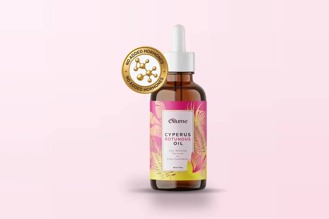 Oilume i bärnstensfärgad glasflaska på 60 ml med rosa och guldfärgad etikett och vit pipett, mot puderrosa bakgrund